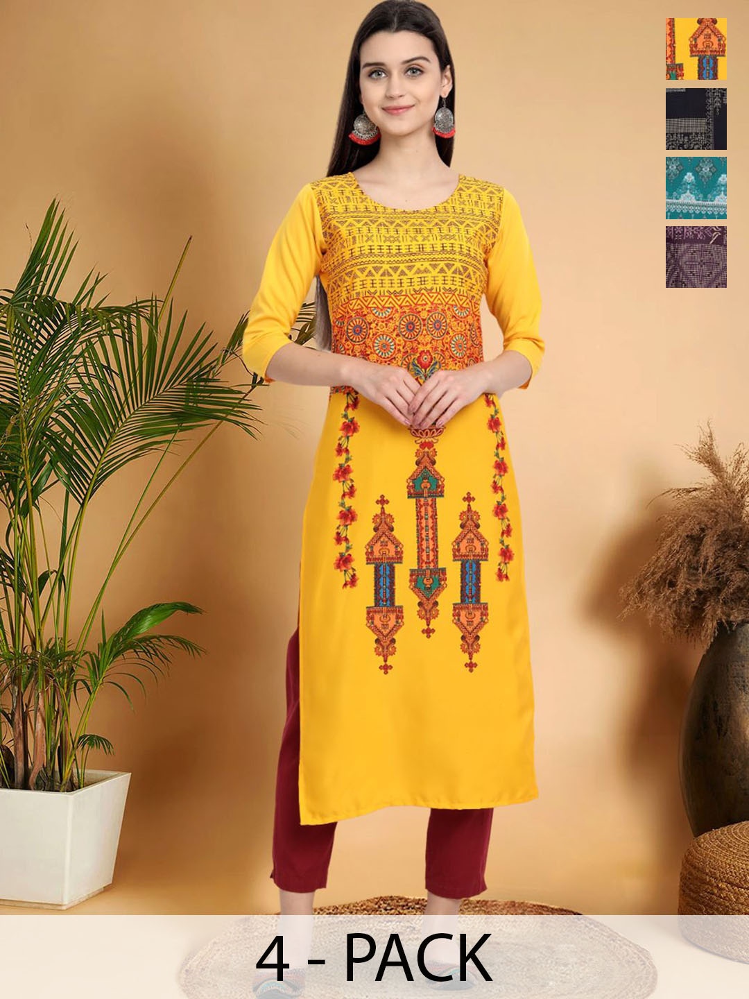 

7Threads Selection Of 3 Ethnic Motifs Printed Round Neck Straight Kurtas, Yellow