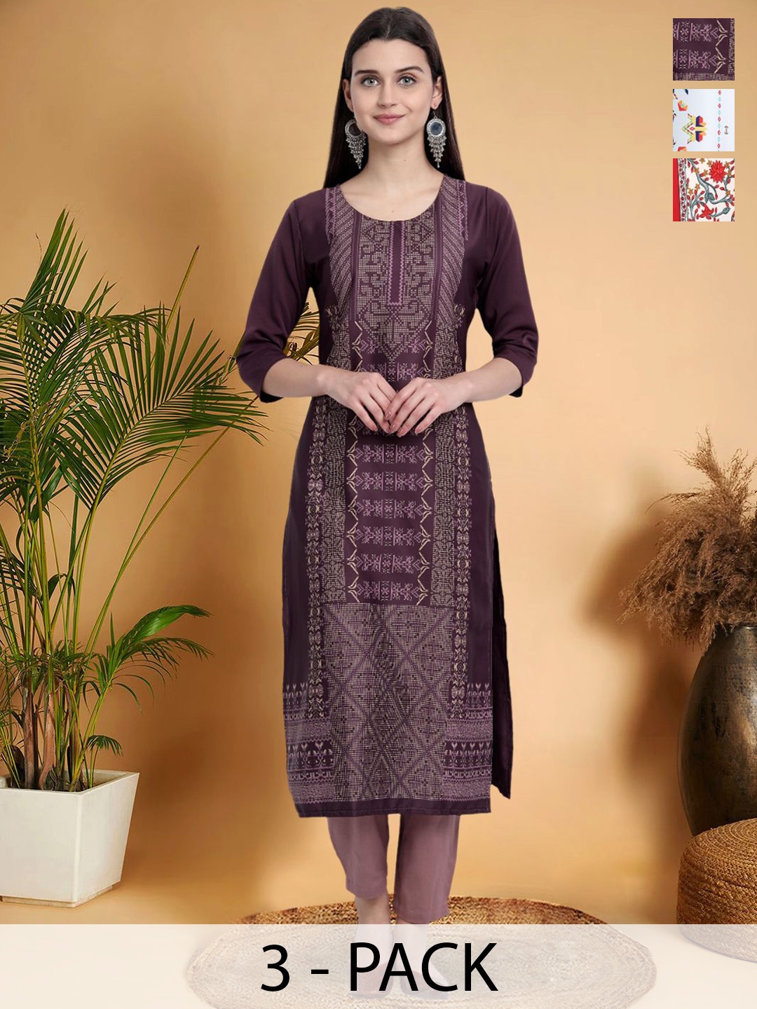 

7Threads Selection Of 3 Ethnic Motifs Printed Round Neck Straight Kurtas, Purple