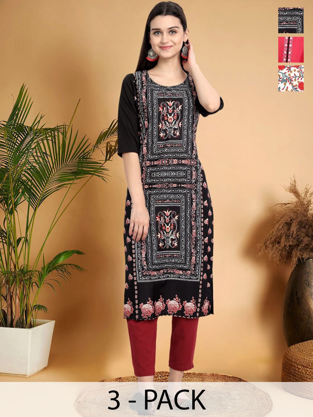 

7Threads Selection Of 3 Ethnic Motifs Printed Round Neck Straight Kurtas, Multi