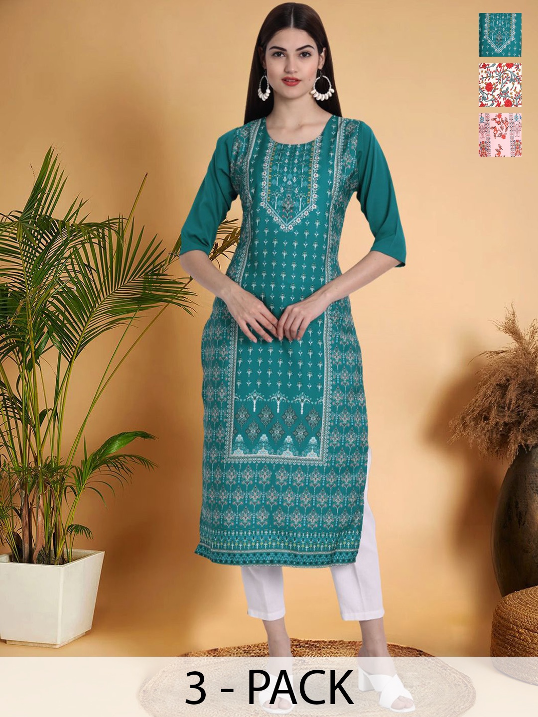 

7Threads Selection Of 3 Ethnic Motifs Printed Round Neck Straight Kurtas, Sea green