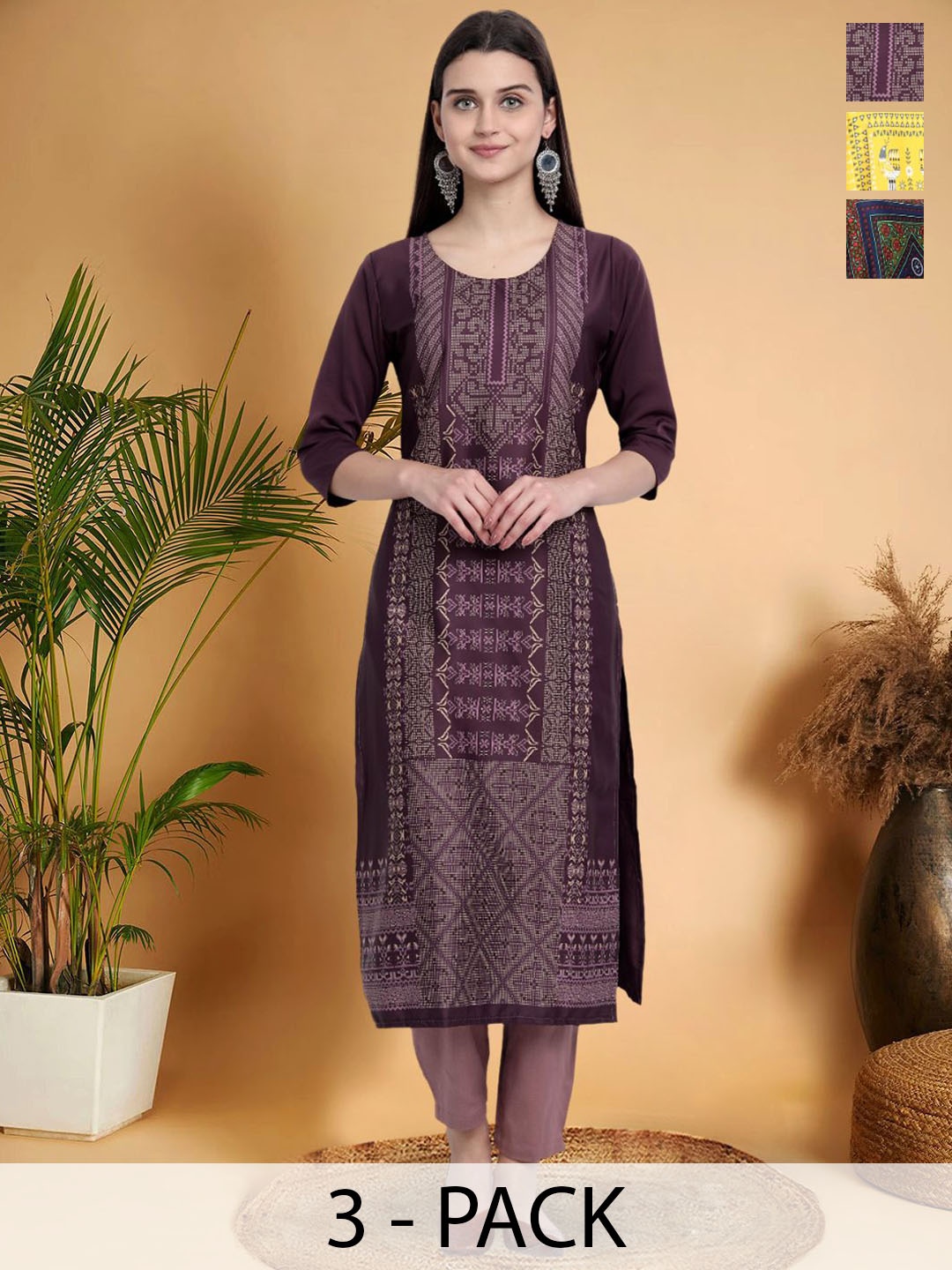 

7Threads Selection Of 3 Ethnic Motifs Printed Round Neck Straight Kurtas, Purple