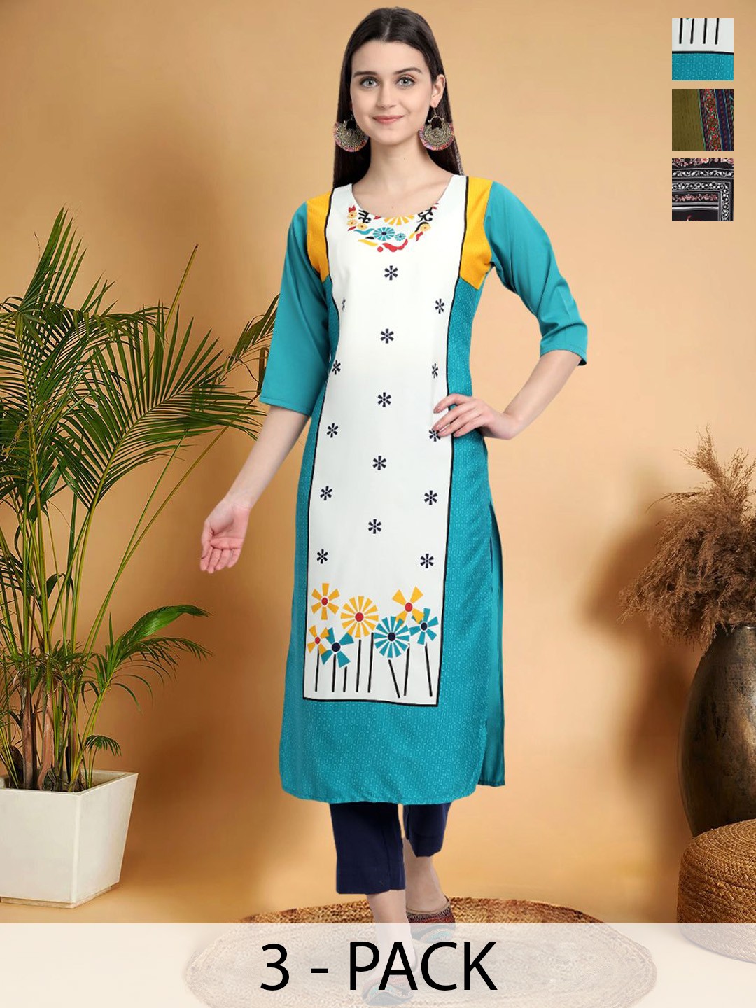 

7Threads Selection Of 3 Colourblocked printed Round Neck Straight Kurtas, Blue