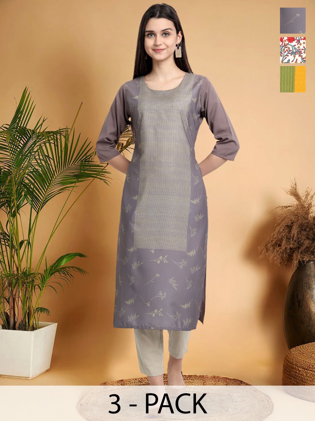 

7Threads Selection Of 3 Floral Printed Round Neck Straight Kurtas, Grey