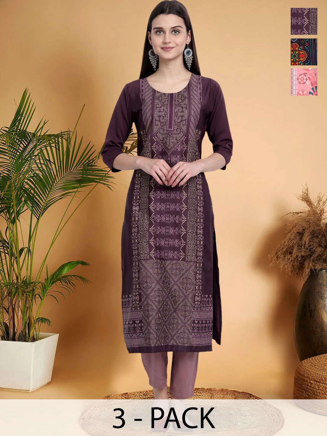 

7Threads Selection Of 3 Ethnic Motifs Printed Round Neck Straight Kurtas, Purple