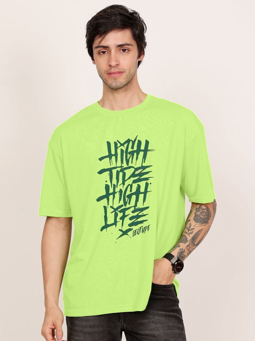 

Leotude Men Typography Printed Round Neck Cotton Oversized T-shirt, Green