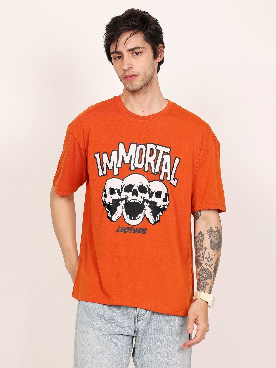 

Leotude Men Graphic Printed Round Neck Cotton Oversized T-shirt, Orange