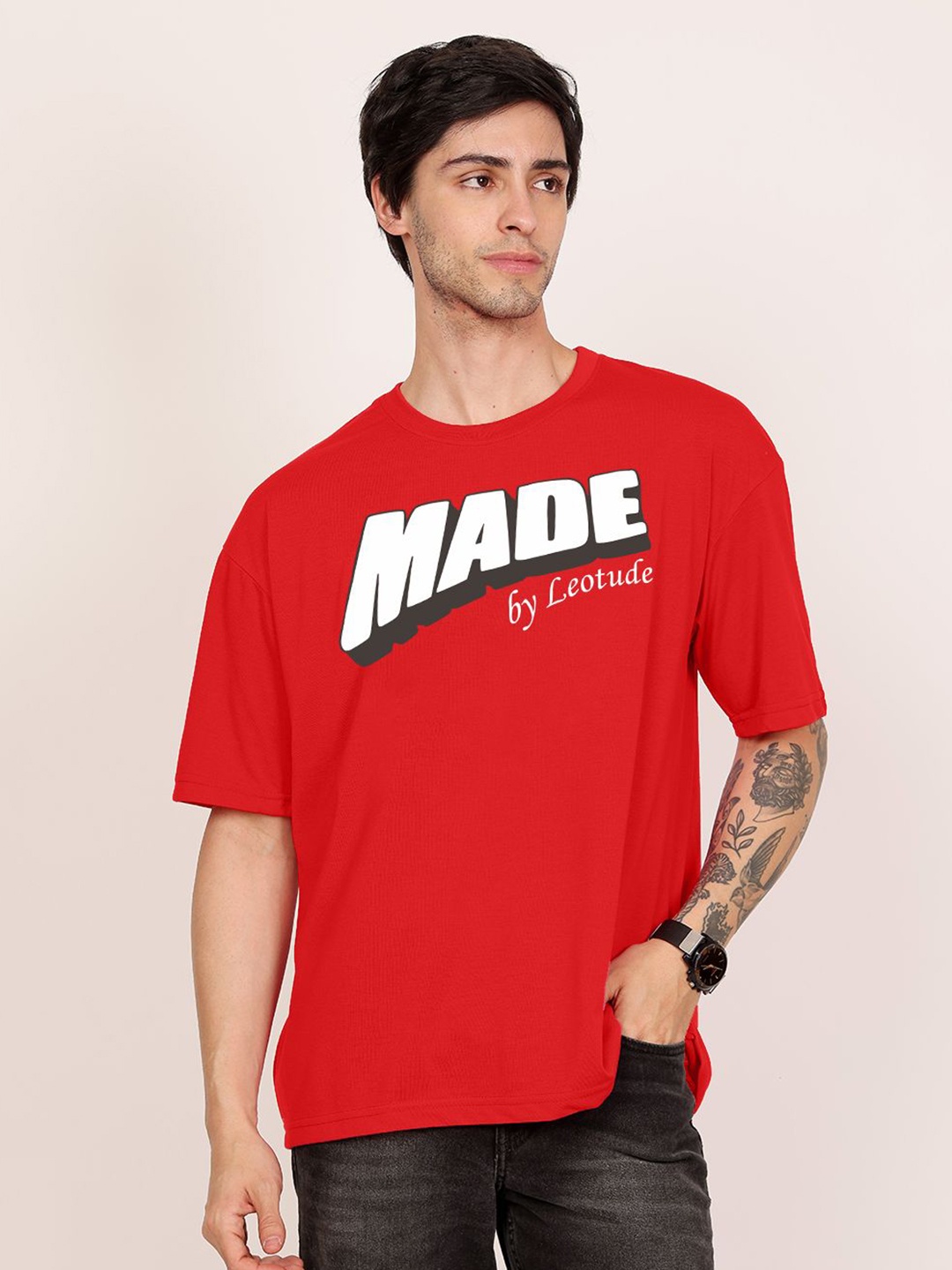 

Leotude Men Typography Printed Round Neck Cotton Oversized T-shirt, Red