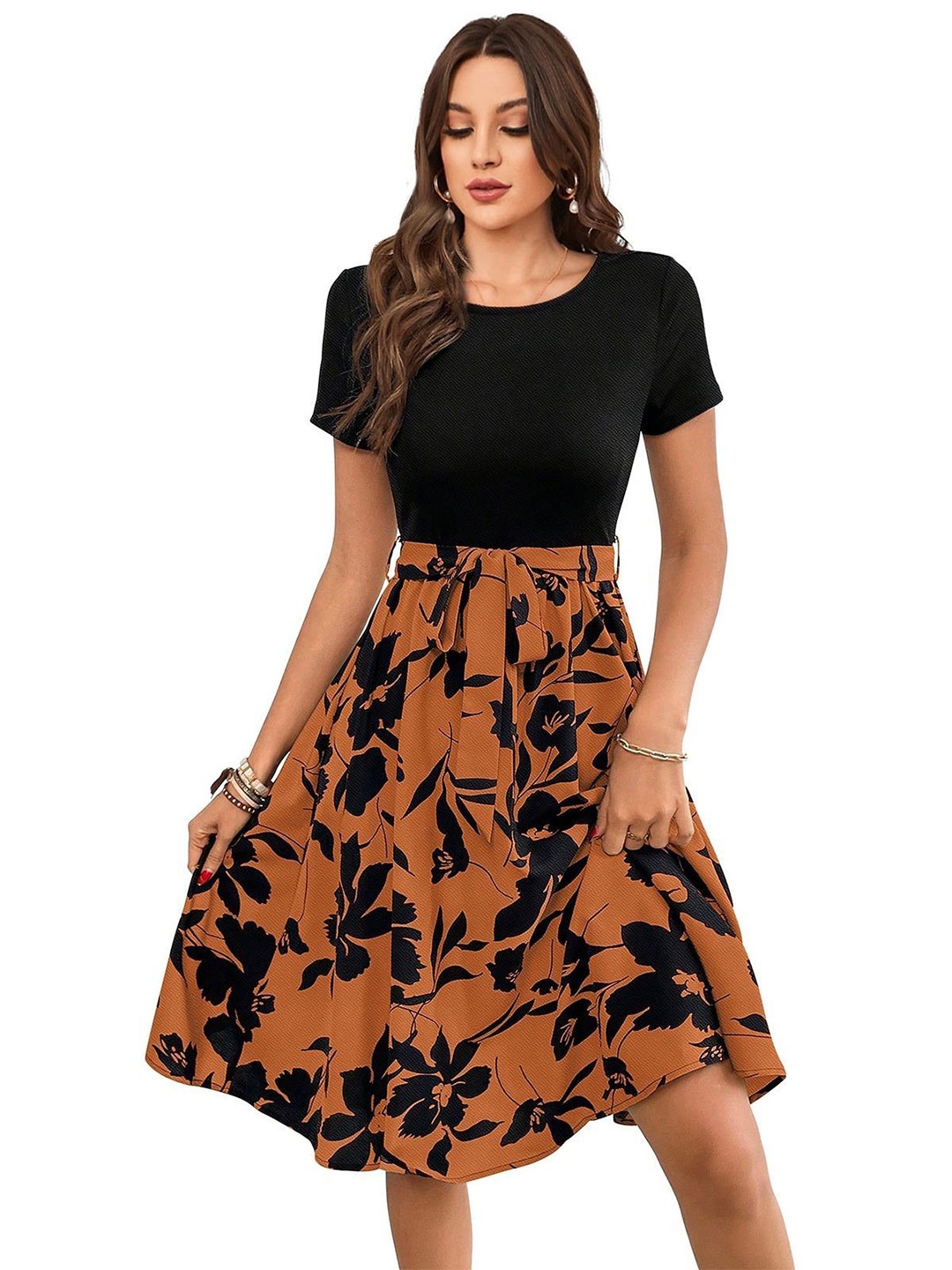 

ODETTE Orange Knitting Printed Dress For Women