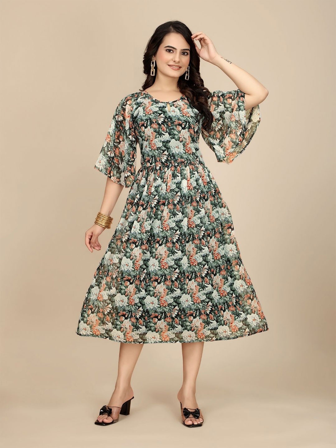 

ODETTE Floral Printed Black Flared Sleeve Georgette Fit & Flare Midi Dress