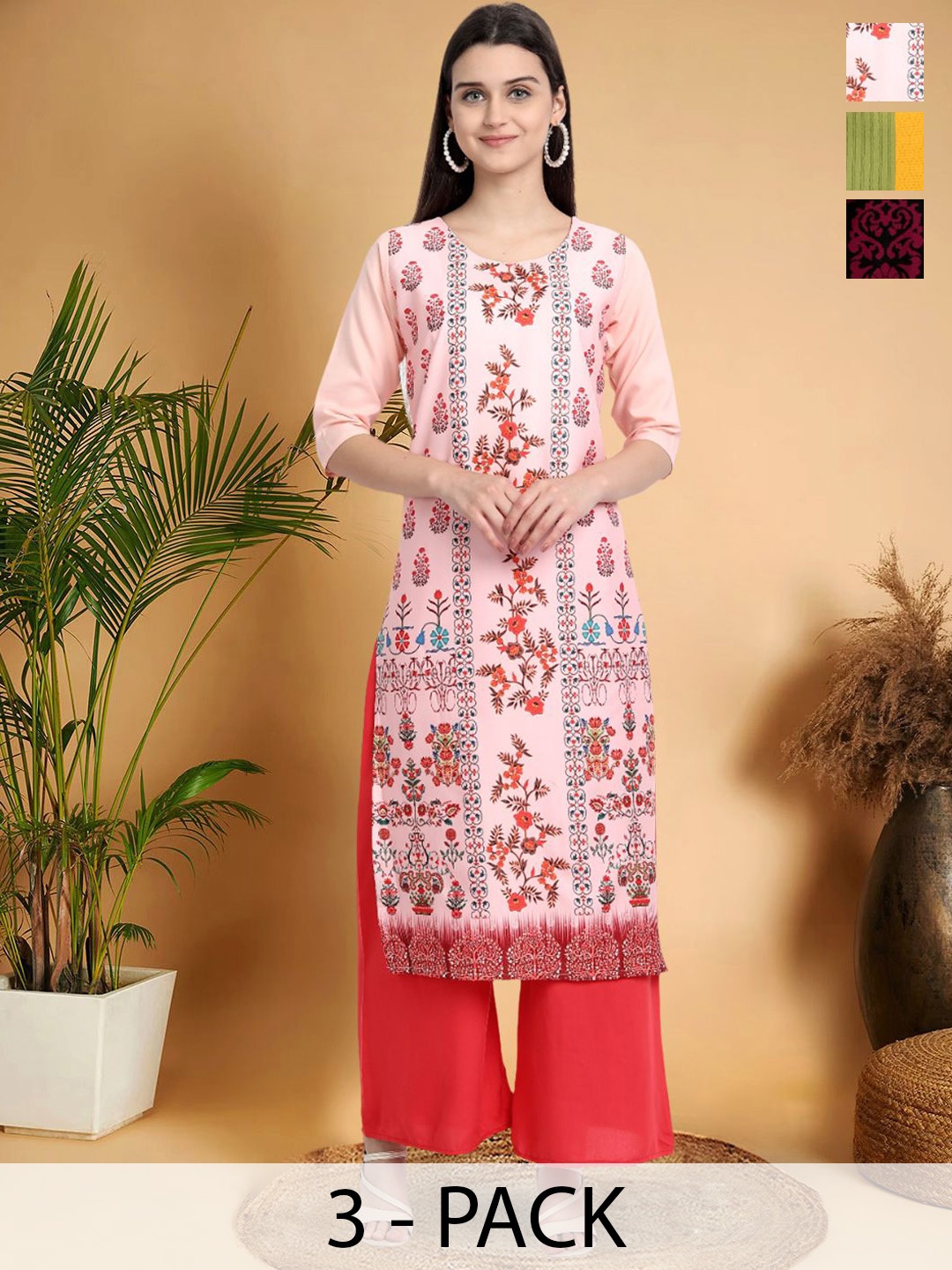 

7Threads Selection Of 3 Floral Printed Round Neck Straight Kurtas, Pink