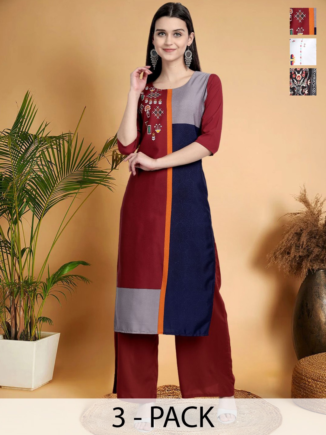 

7Threads Selection Of 3 Colourblocked printed Round Neck Straight Kurtas, Maroon