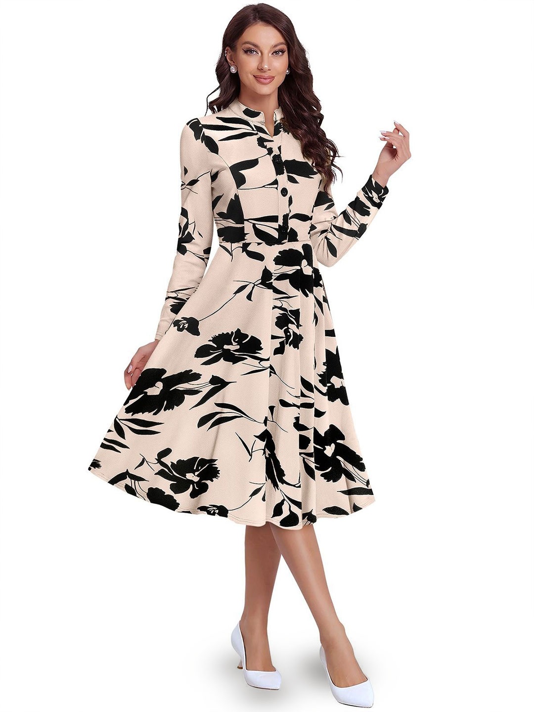 

ODETTE Beige Knitting Printed Dress For Women