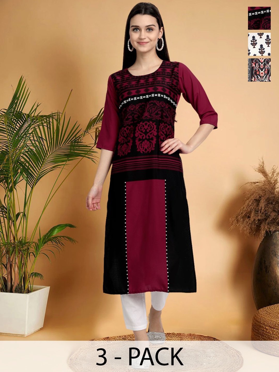 

7Threads Selection Of 3 Ethnic Motifs Printed Round Neck Straight Kurtas, Black