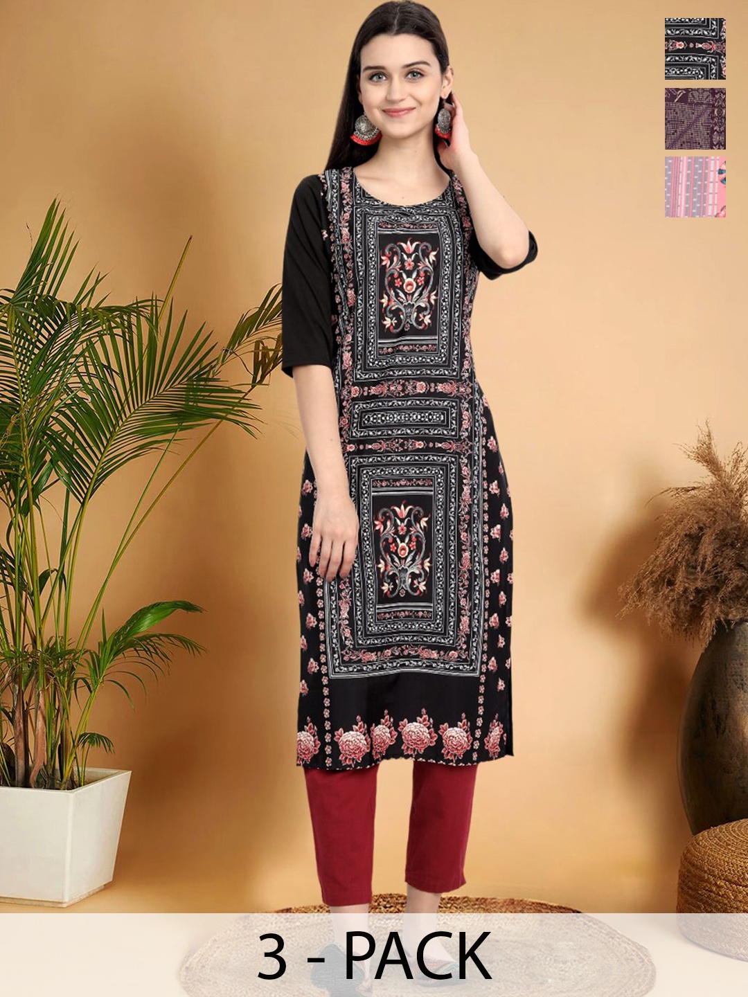 

7Threads Selection Of 3 Ethnic Motifs Printed Round Neck Straight Kurtas, Black