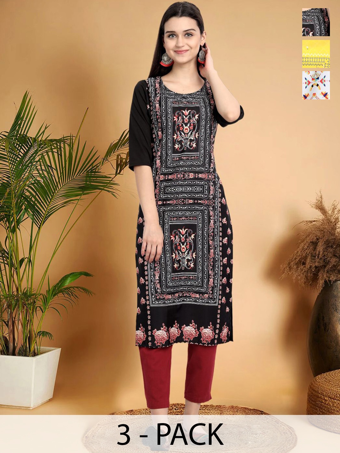 

7Threads Selection Of 3 Ethnic Motifs Printed Round Neck Straight Kurtas, Black