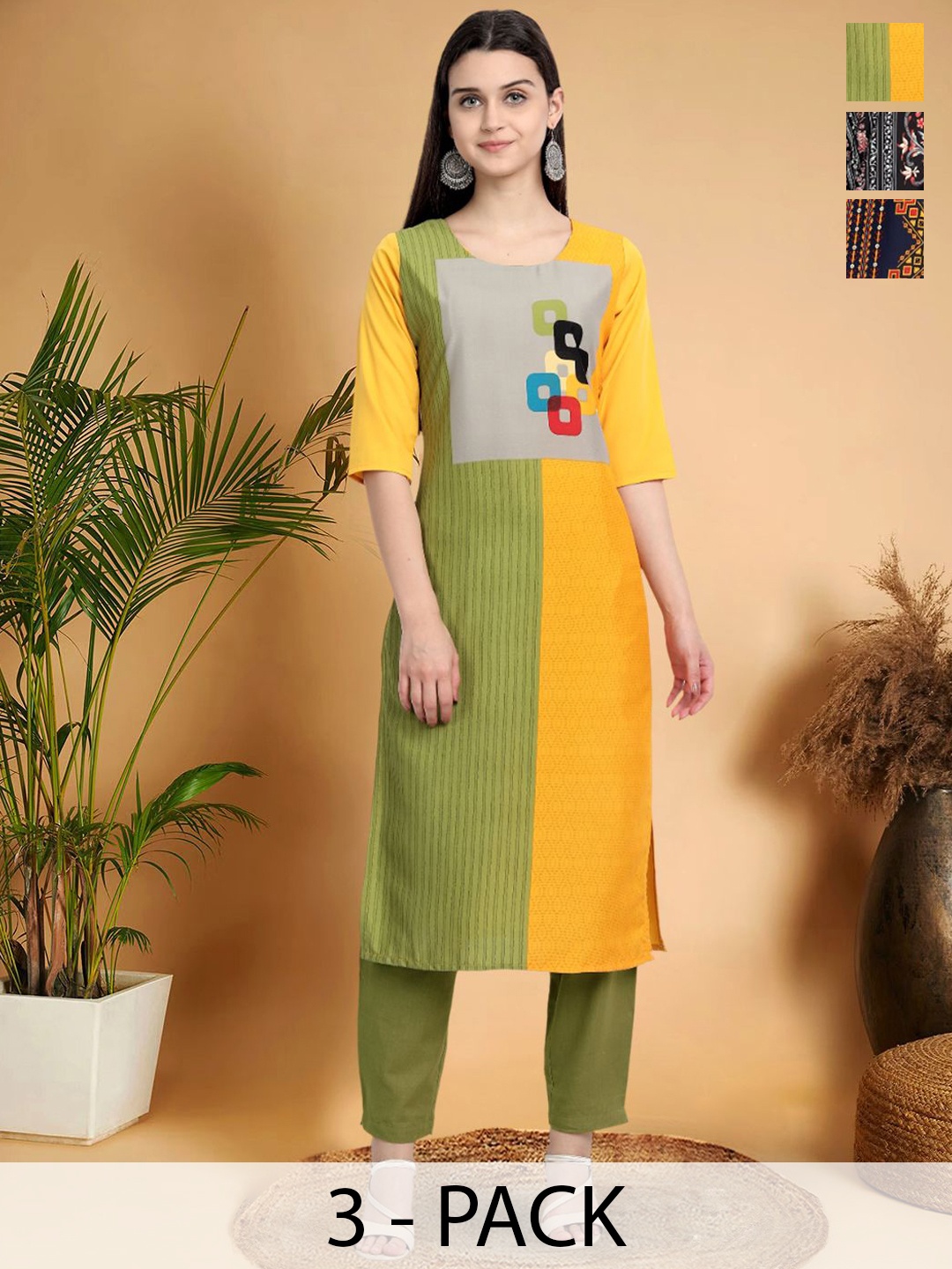 

7Threads Selection Of 3 Colourblocked Printed Round Neck Straight Kurtas, Yellow