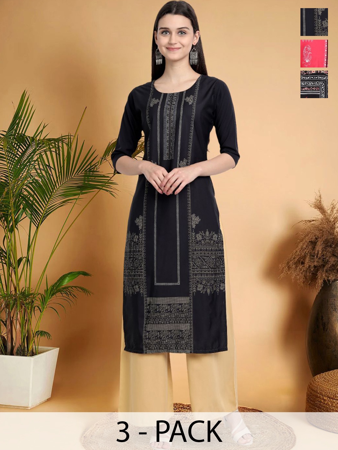 

7Threads Selection Of 3 Ethnic Motifs Printed Round Neck Straight Kurtas, Black