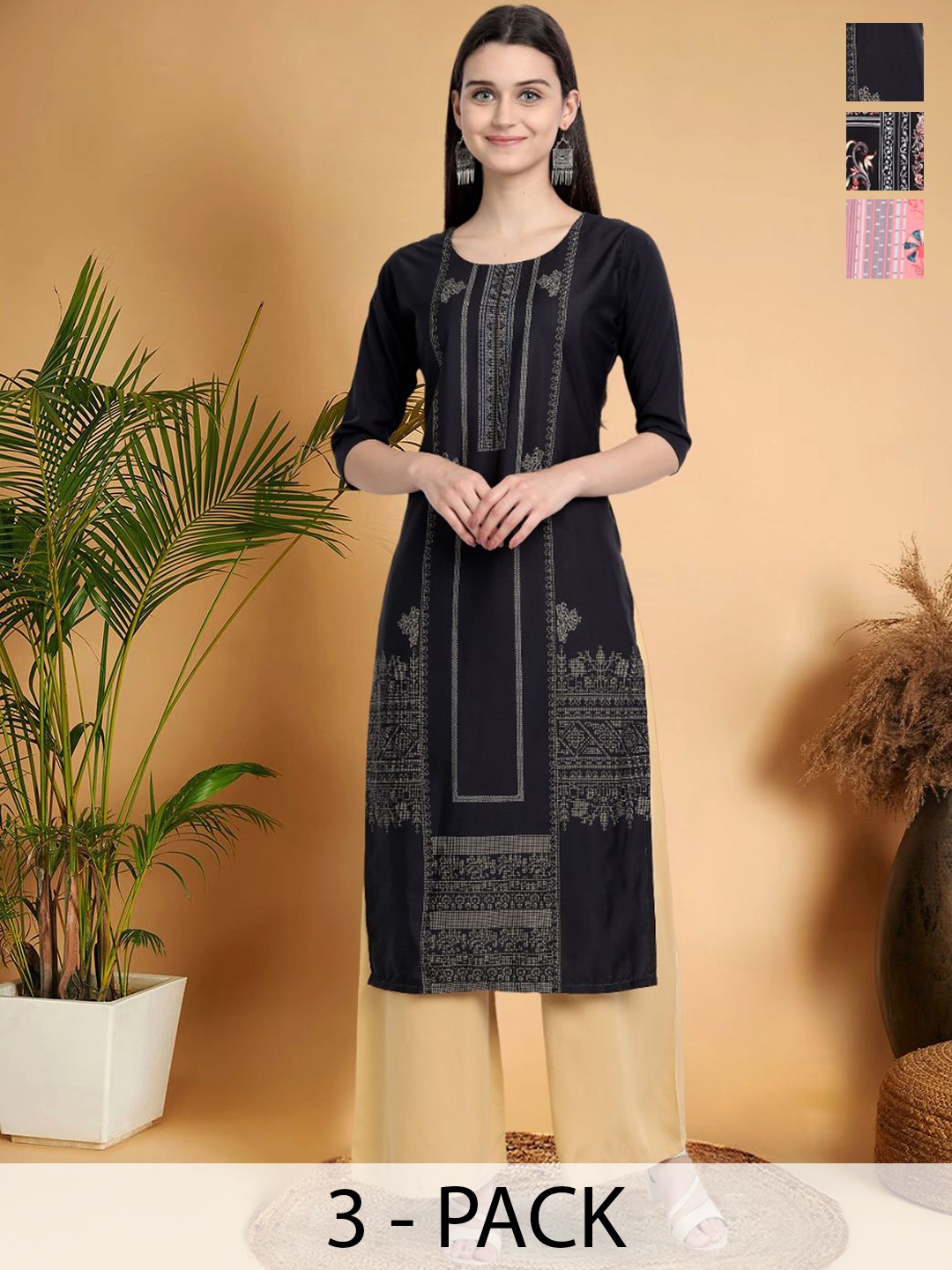 

7Threads Selection Of 3 Ethnic Motifs Printed Round Neck Straight Kurtas, Black