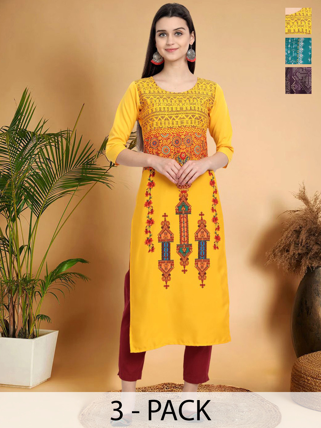 

7Threads Selection Of 3 Ethnic Motifs Printed Round Neck Straight Kurtas, Yellow