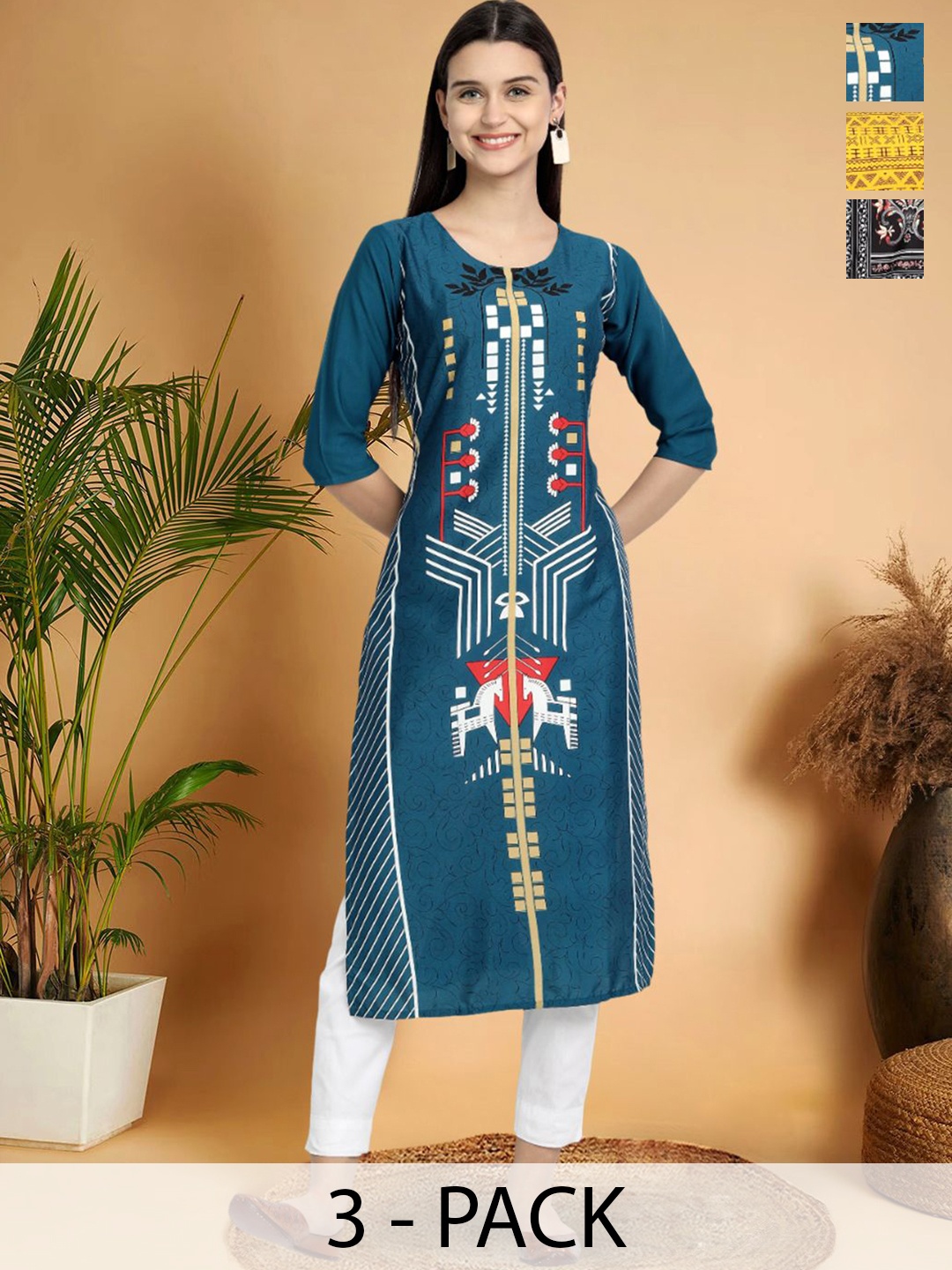 

7Threads Selection Of 3 Geometric Printed Round Neck Straight Kurtas, Blue