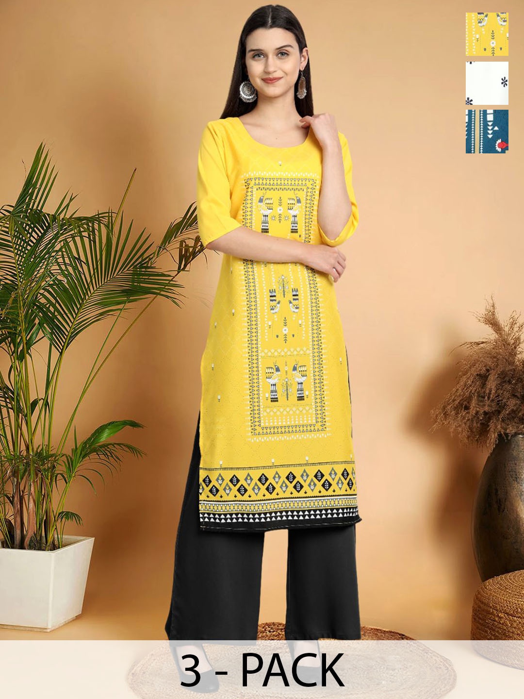 

7Threads Selection Of 3 Ethnic Motifs Printed Round Neck Straight Kurtas, Yellow