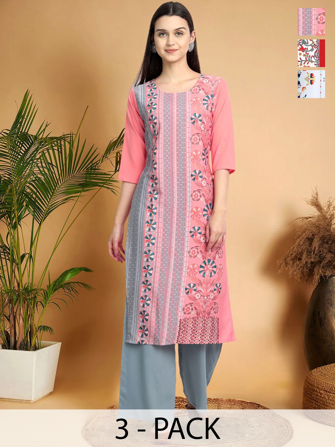 

7Threads Selection Of 3 Floral Printed Round Neck Straight Kurtas, Pink