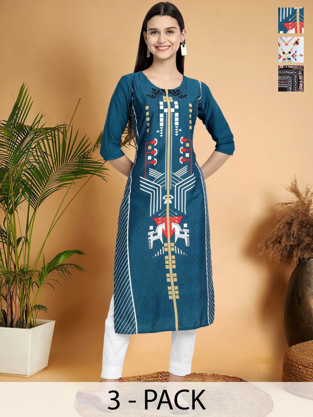 

7Threads Selection Of 3 Geometric Printed Round Neck Straight Kurtas, Blue