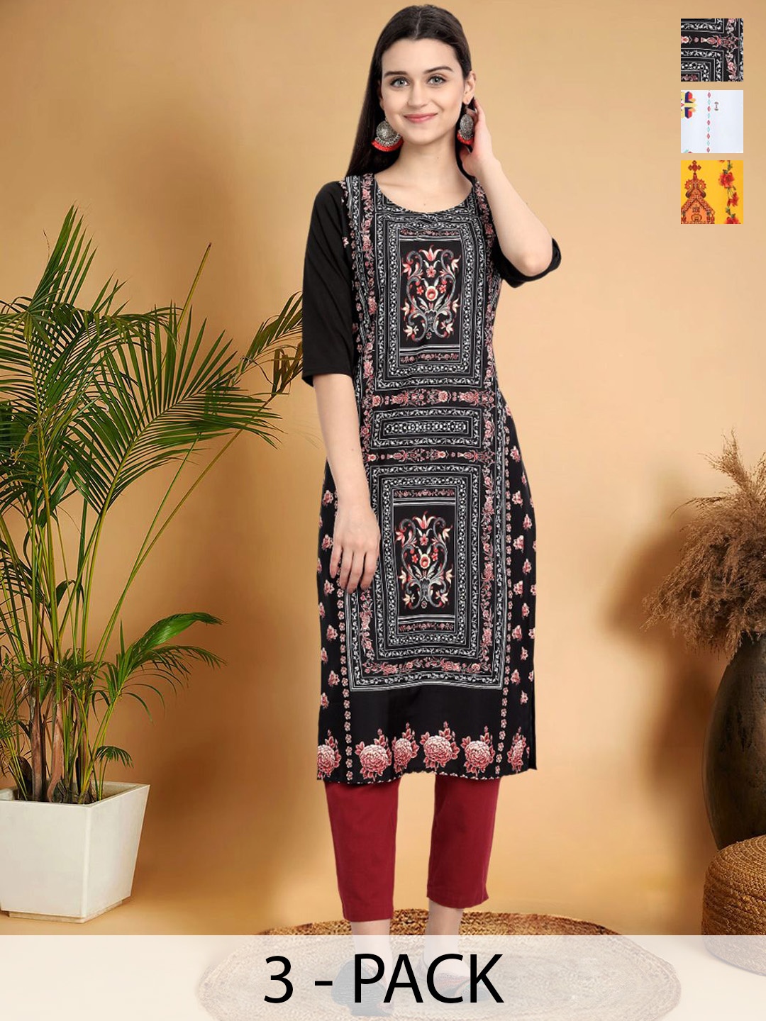 

7Threads Selection Of 3 Ethnic Motifs Printed Round Neck Straight Kurtas, Black