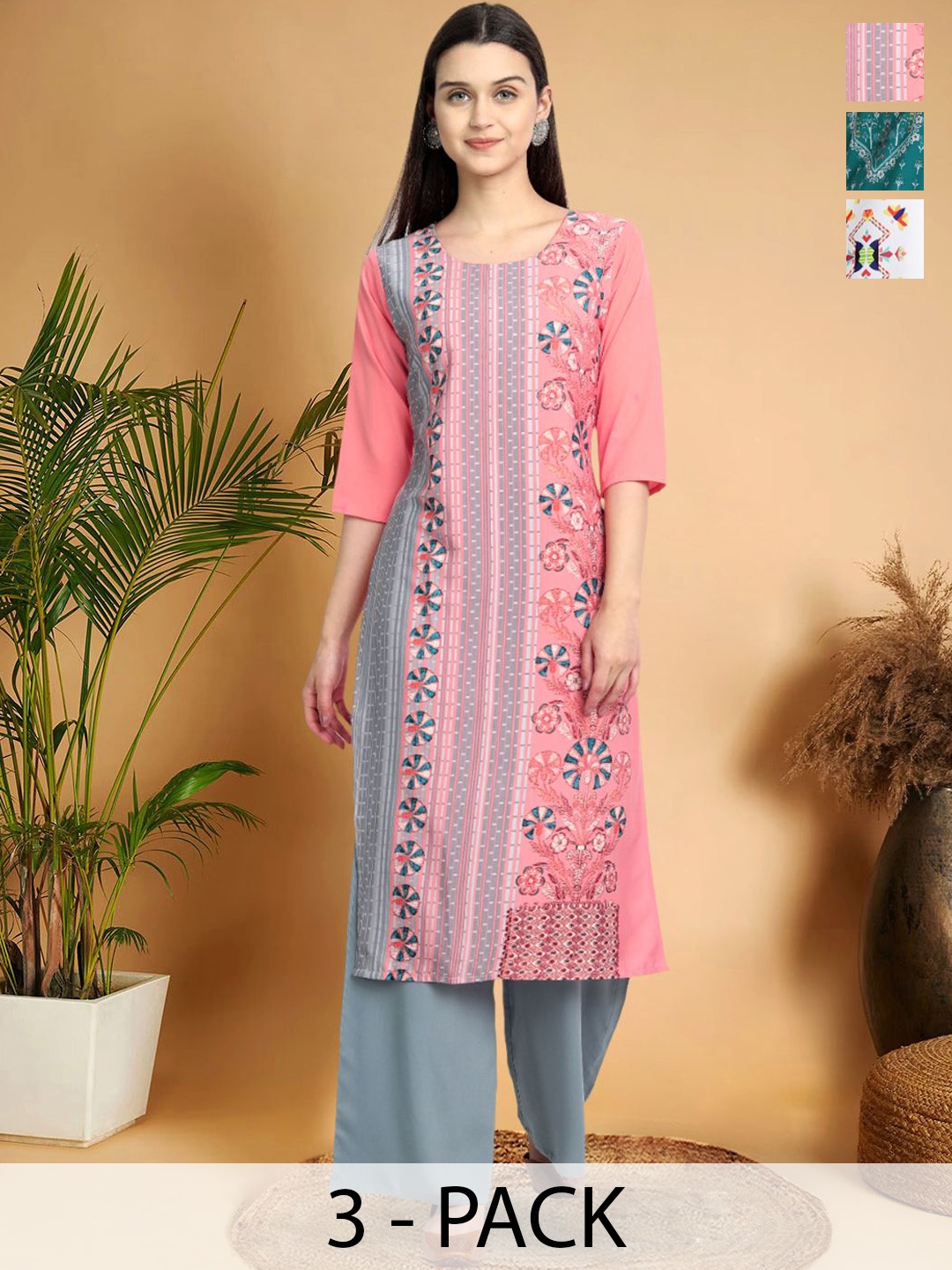 

7Threads Selection Of 3 Floral Printed Round Neck Straight Kurtas, Pink