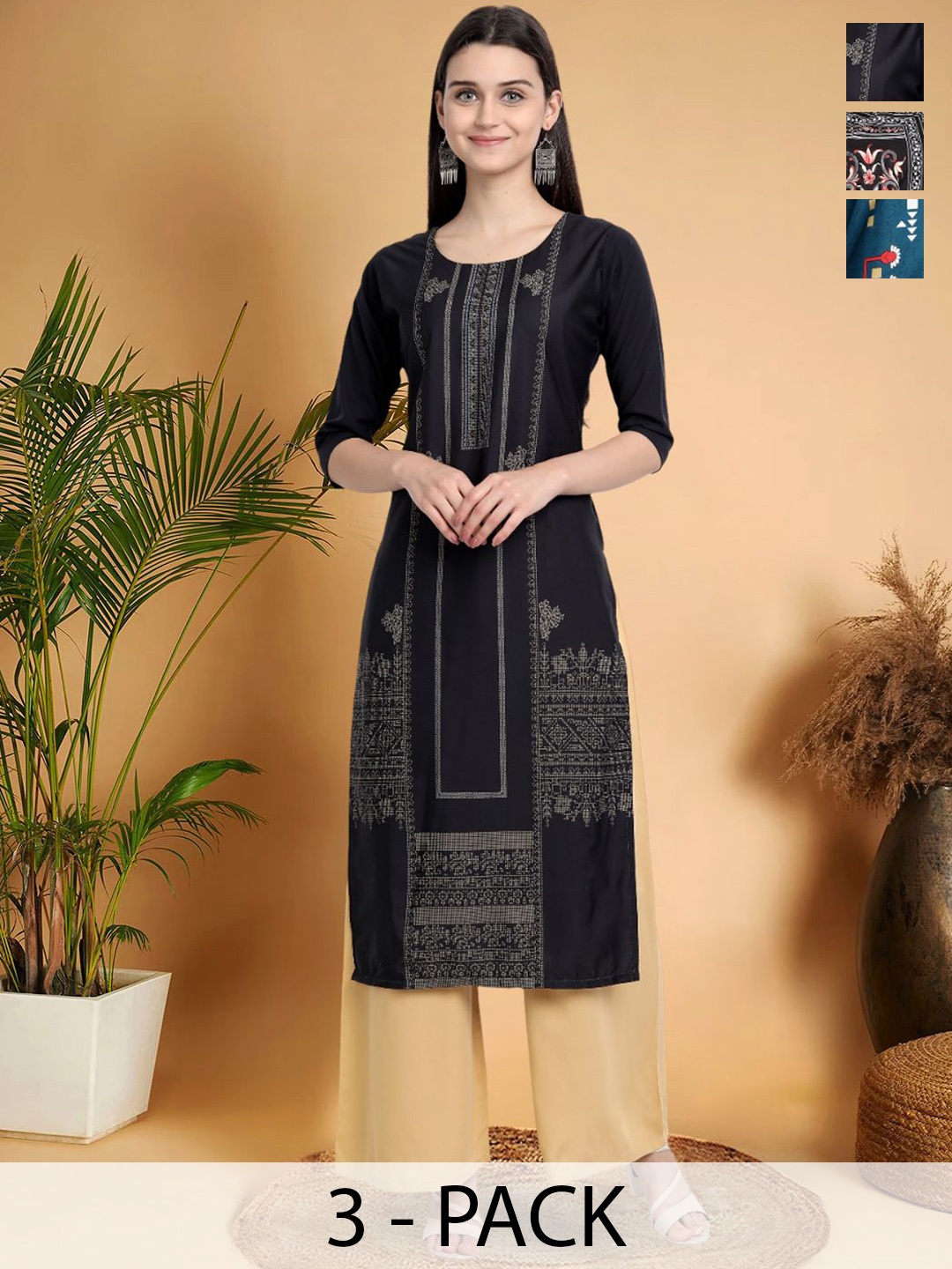 

7Threads Selection Of 3 Ethnic Motifs Printed Round Neck Straight Kurtas, Black
