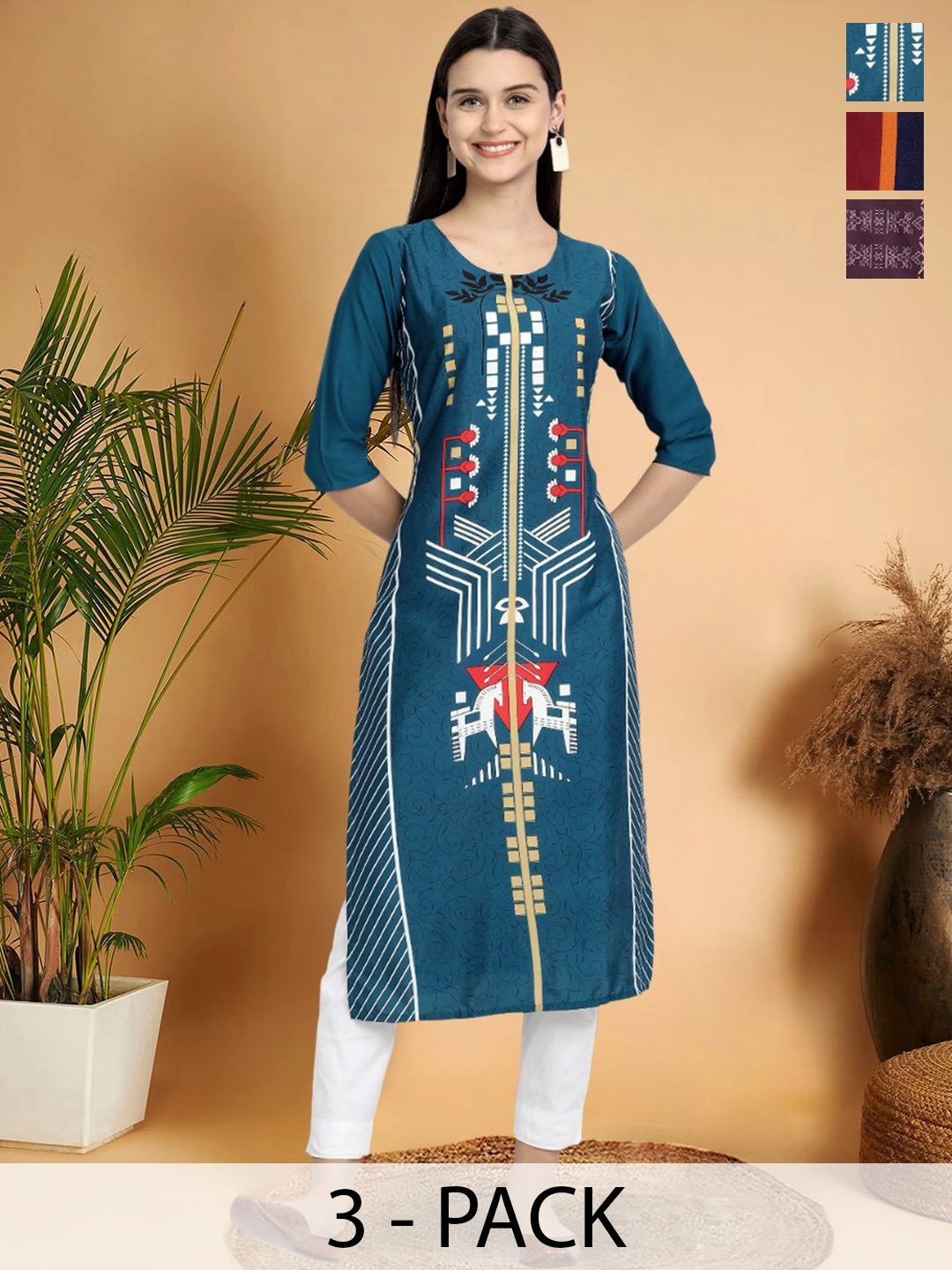 

7Threads Selection Of 3 Geometric Printed Round Neck Straight Kurtas, Blue