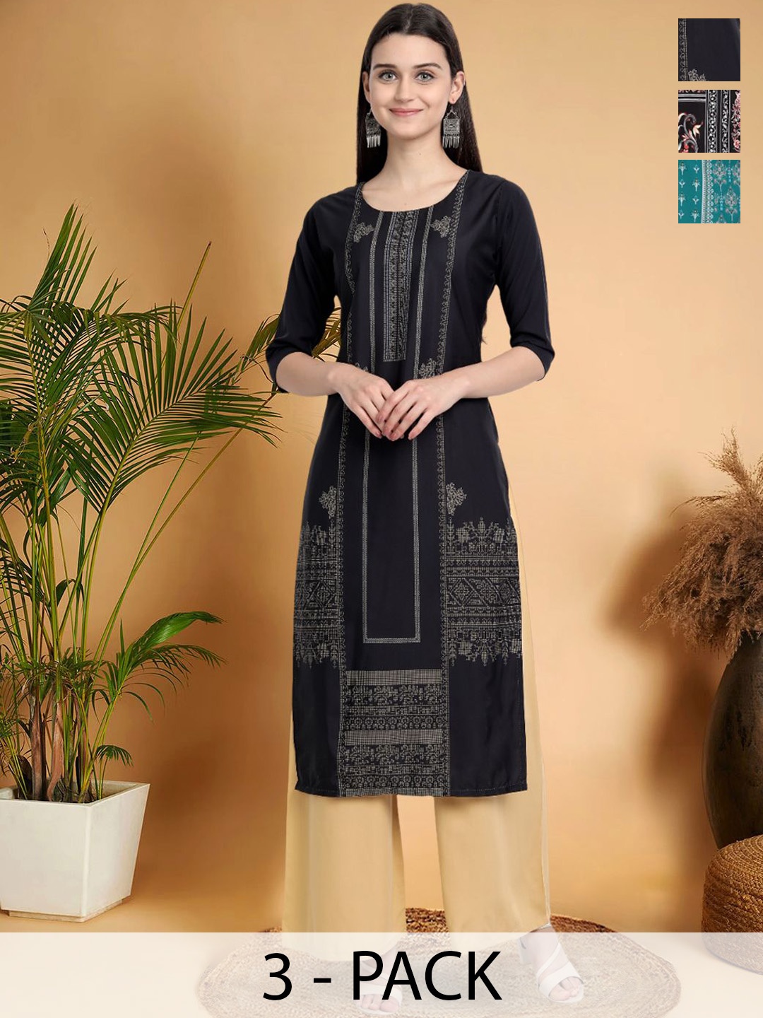 

7Threads Selection Of 3 Ethnic Motifs Printed Round Neck Straight Kurtas, Black