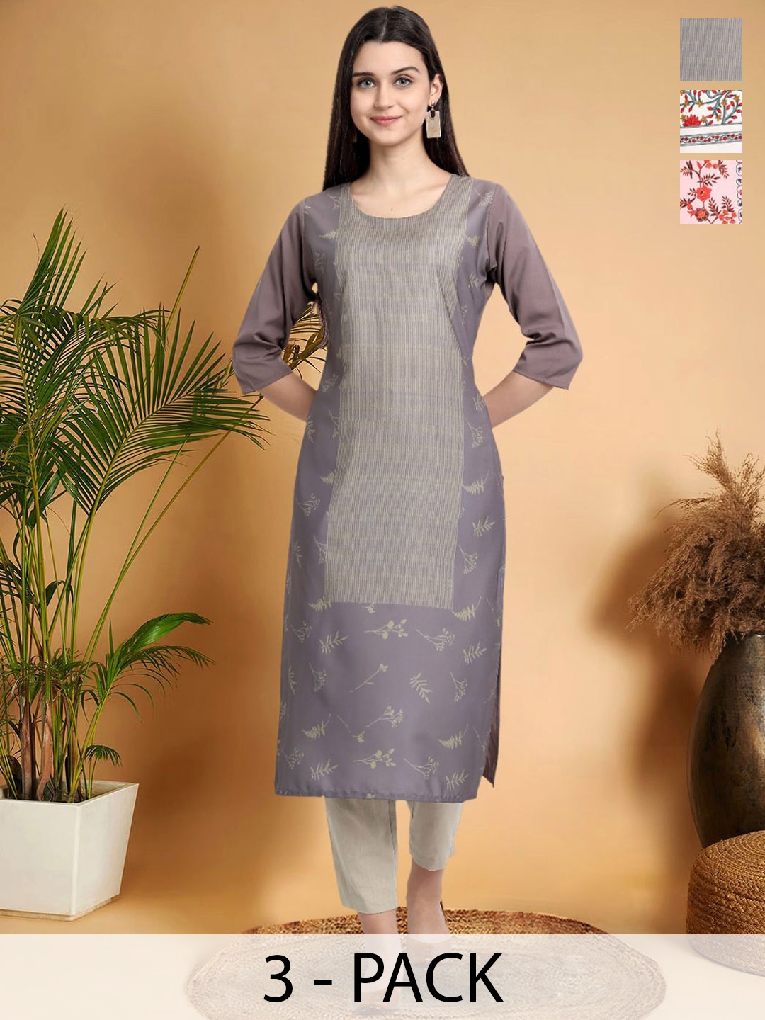 

7Threads Selection Of 3 Floral Printed Round Neck Straight Kurtas, Beige