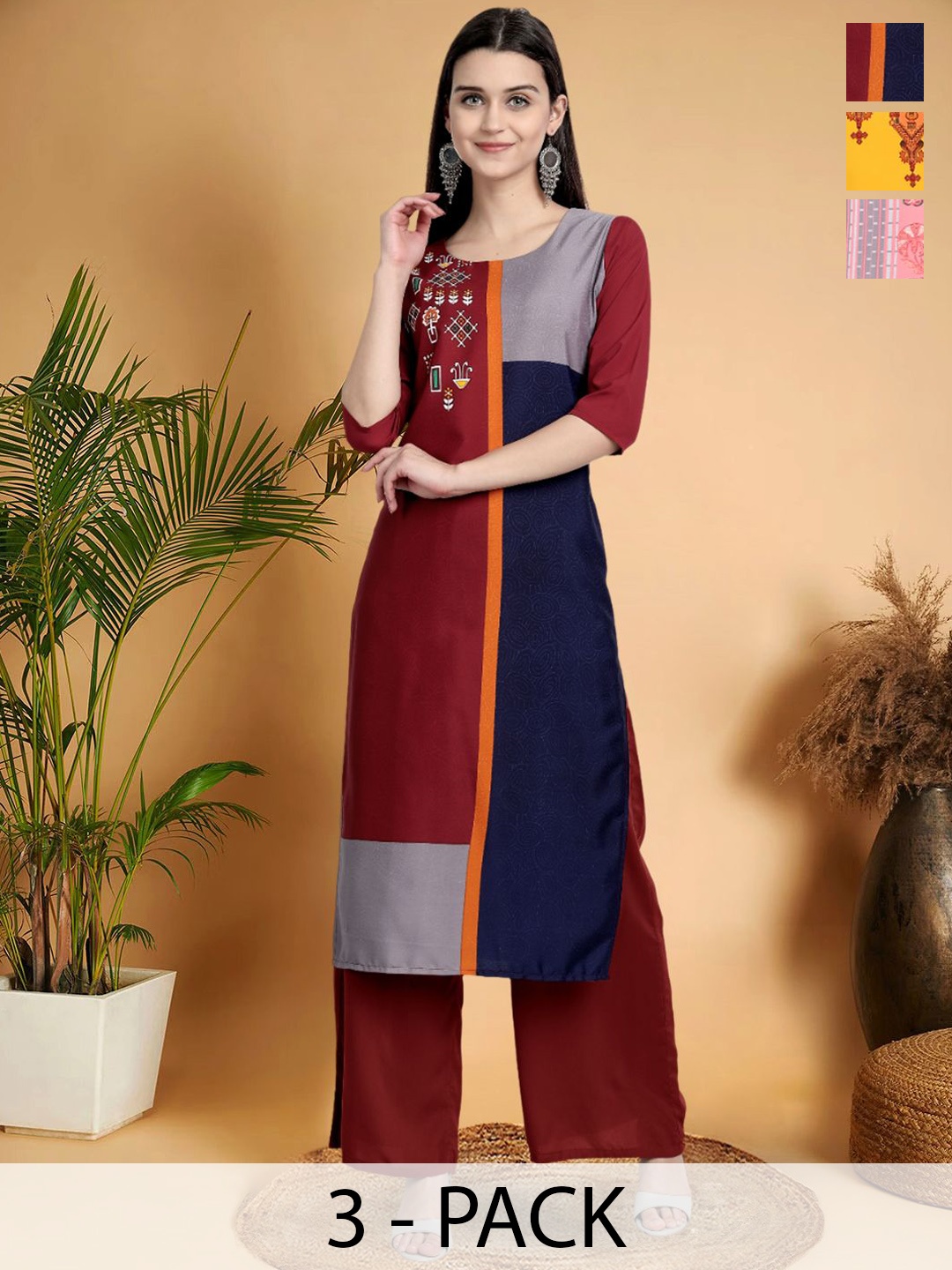 

7Threads Selection Of 3 Colourblocked Printed Round Neck Straight Kurtas, Blue