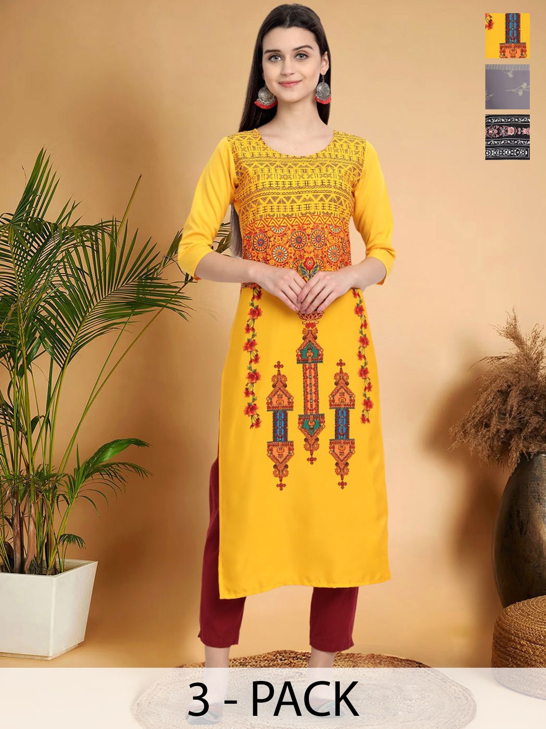 

7Threads Selection Of 3 Ethnic Motifs Printed Round Neck Straight Kurtas, Yellow