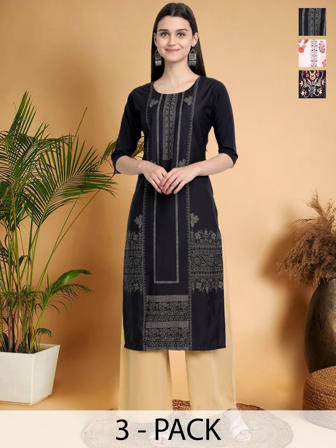 

7Threads Selection Of 3 Ethnic Motifs Printed Round Neck Straight Kurtas, Black