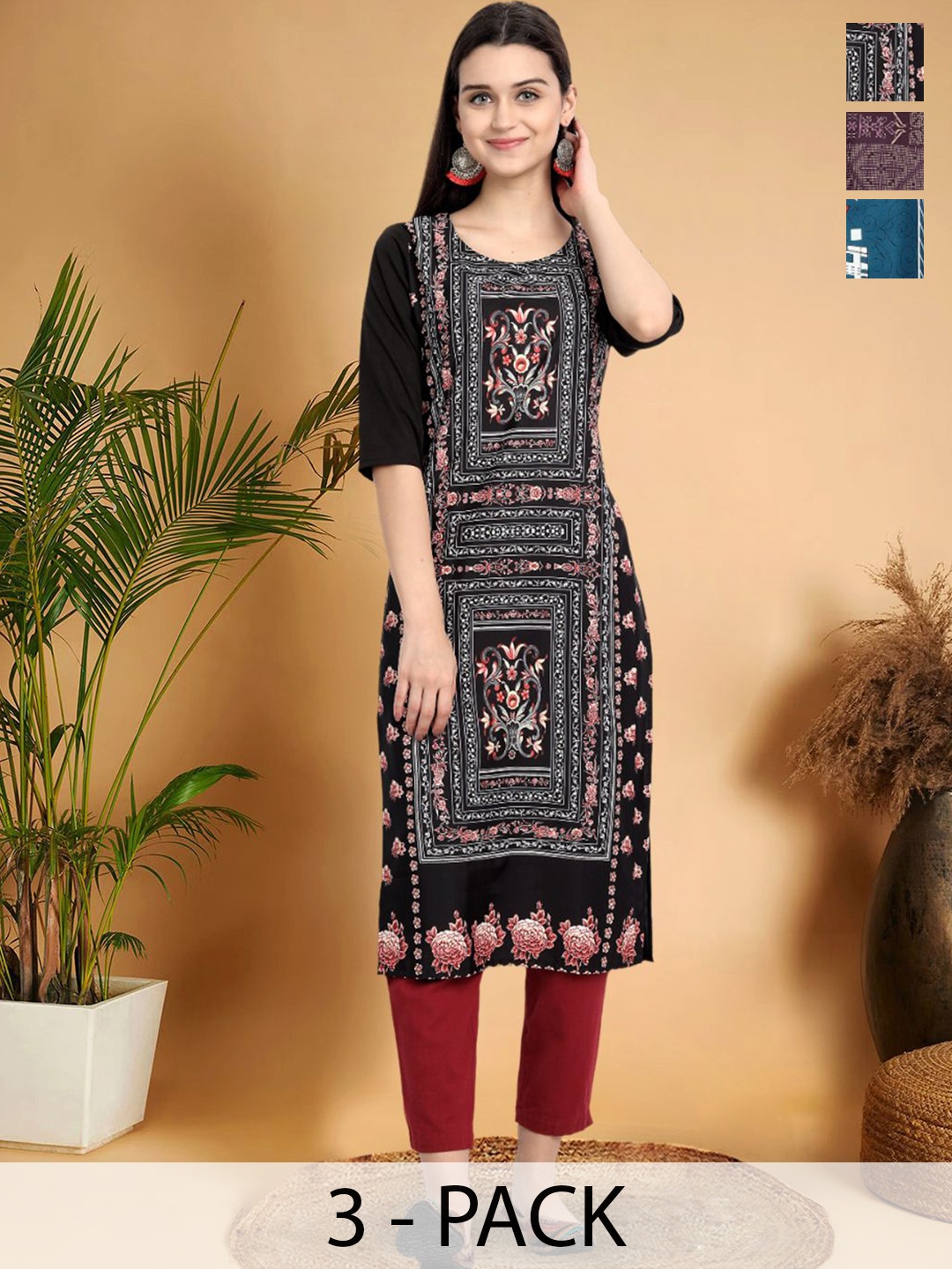 

7Threads Selection Of 3 Geometric Printed Round Neck Straight Kurtas, Black