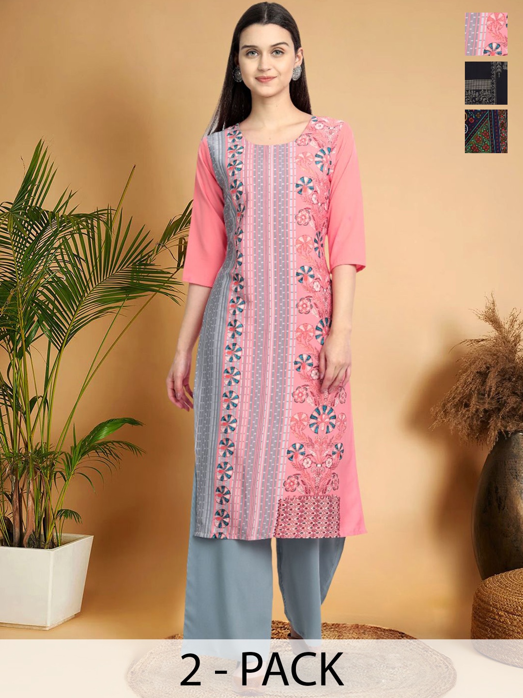 

7Threads Selection Of 3 Ethnic Motifs Printed Round Neck Straight Kurtas, Pink