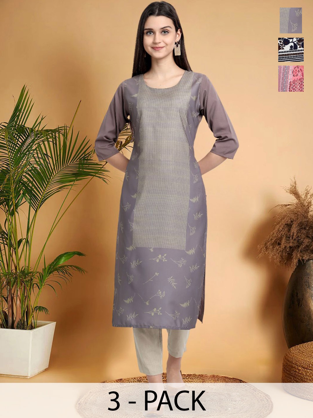 

7Threads Selection Of 3 Geometric Printed Round Neck Straight Kurtas, Grey