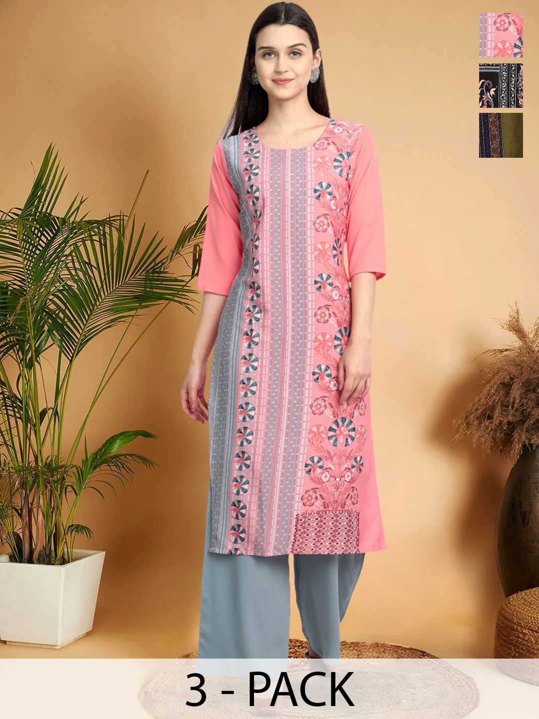 

7Threads Selection Of 3 Ethnic Motifs Printed Round Neck Straight Kurtas, Pink