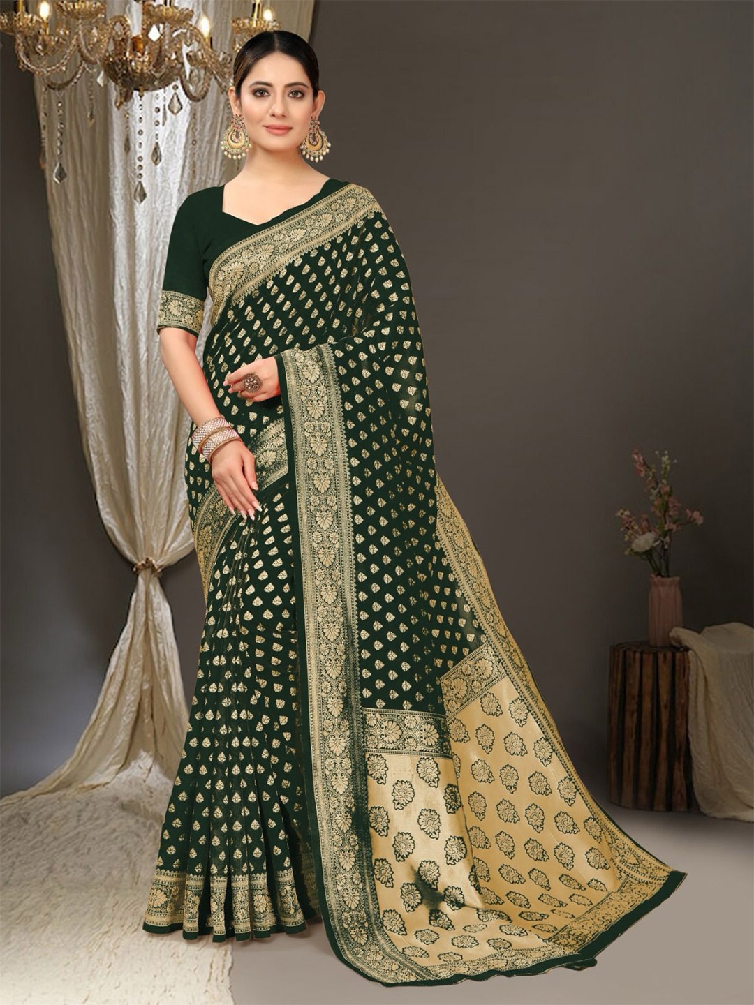 

Miss Beelee Woven Design Zari Banarasi Saree, Green