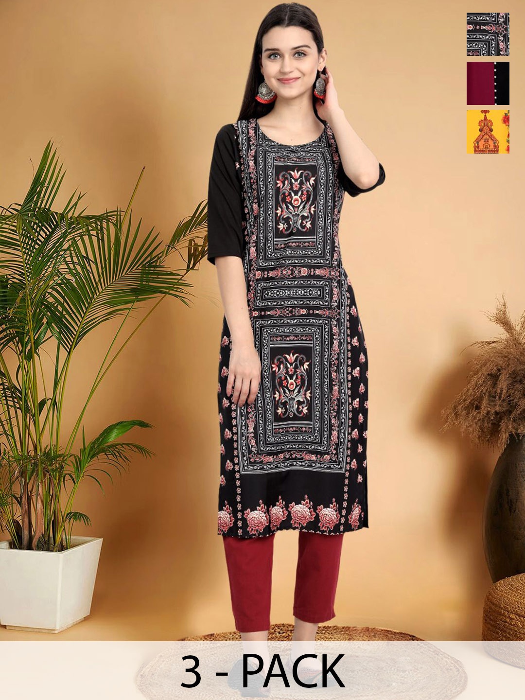 

7Threads Selection Of 3 Geometric Printed Round Neck Straight Kurtas, Black