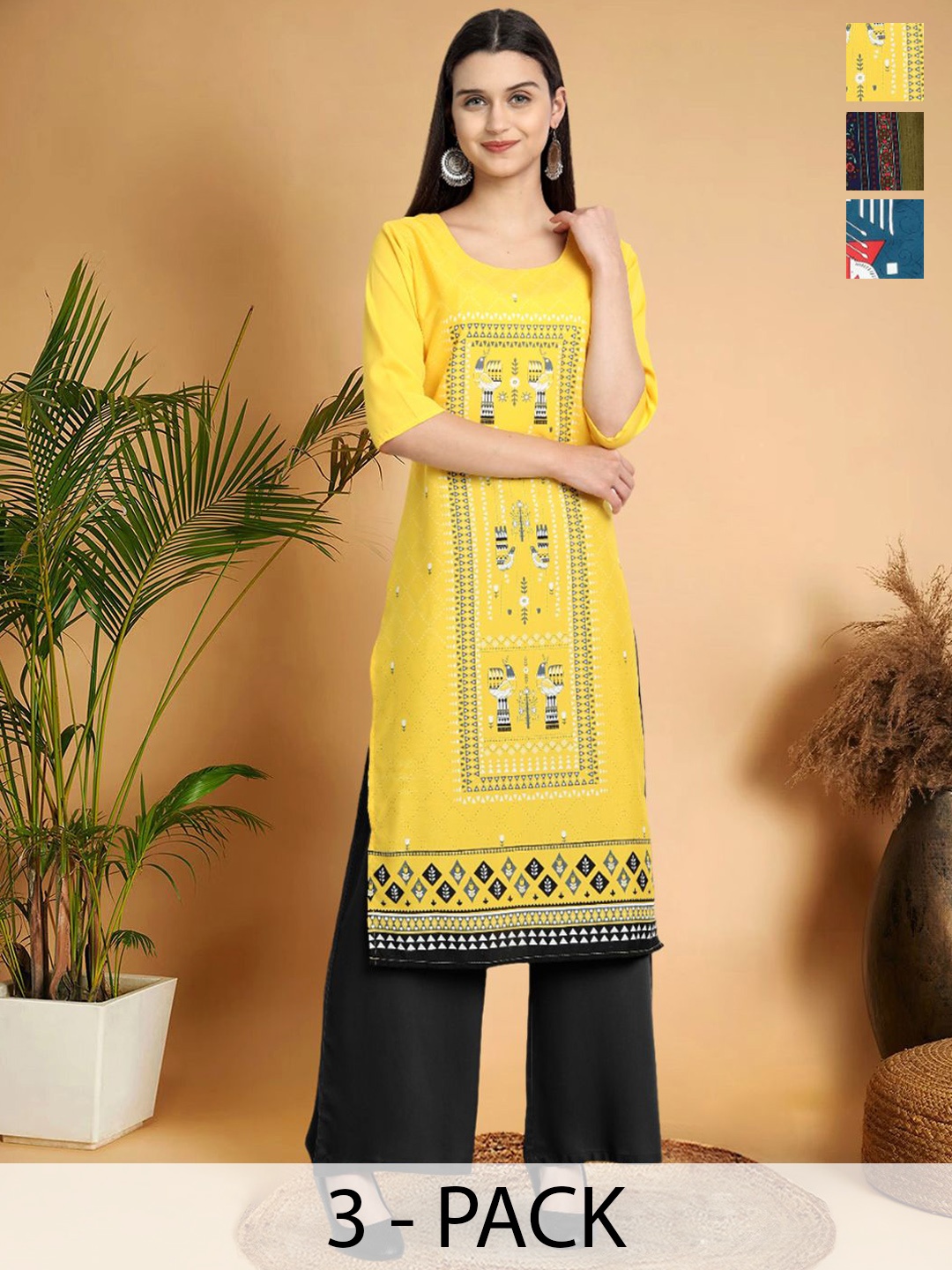 

7Threads Selection Of 3 Geometric Printed Round Neck Straight Kurtas, Yellow