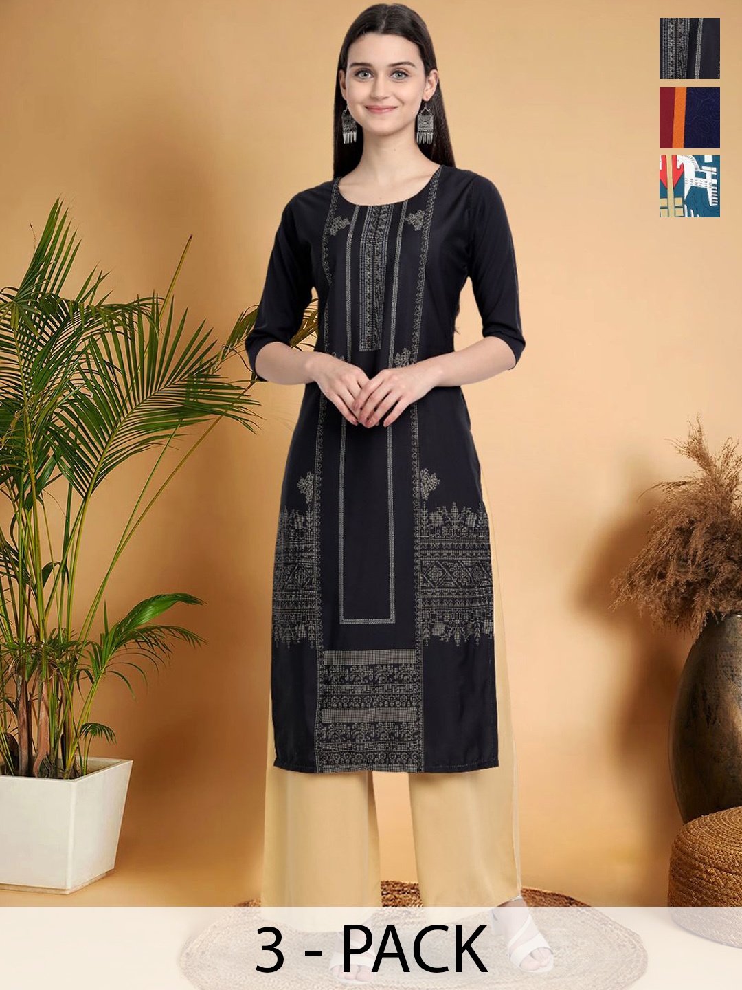 

7Threads Selection Of 3 Ethnic Motifs Printed Round Neck Straight Kurtas, Black