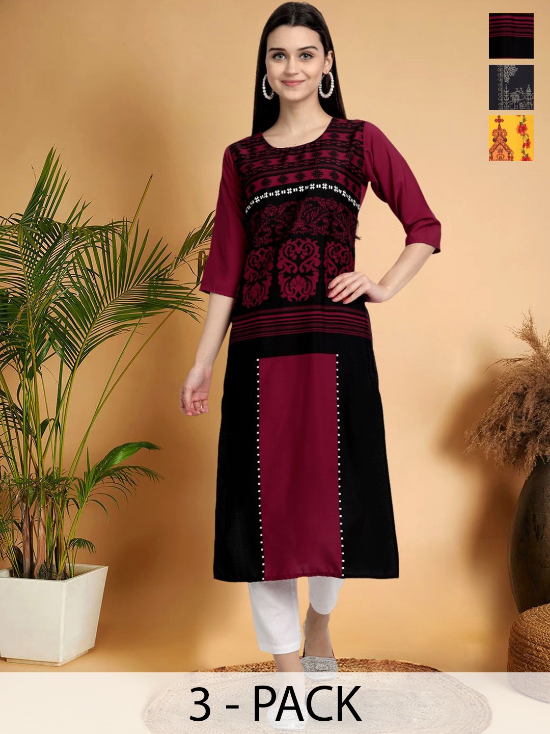 

7Threads Selection Of 3 Ethnic Motifs Printed Round Neck Straight Kurtas, Maroon