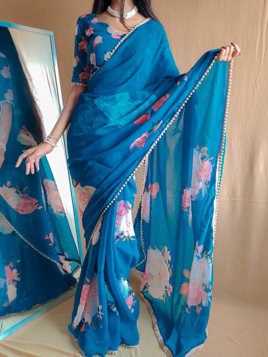 

Miss Beelee Floral Printed Beads and Stones Saree, Blue
