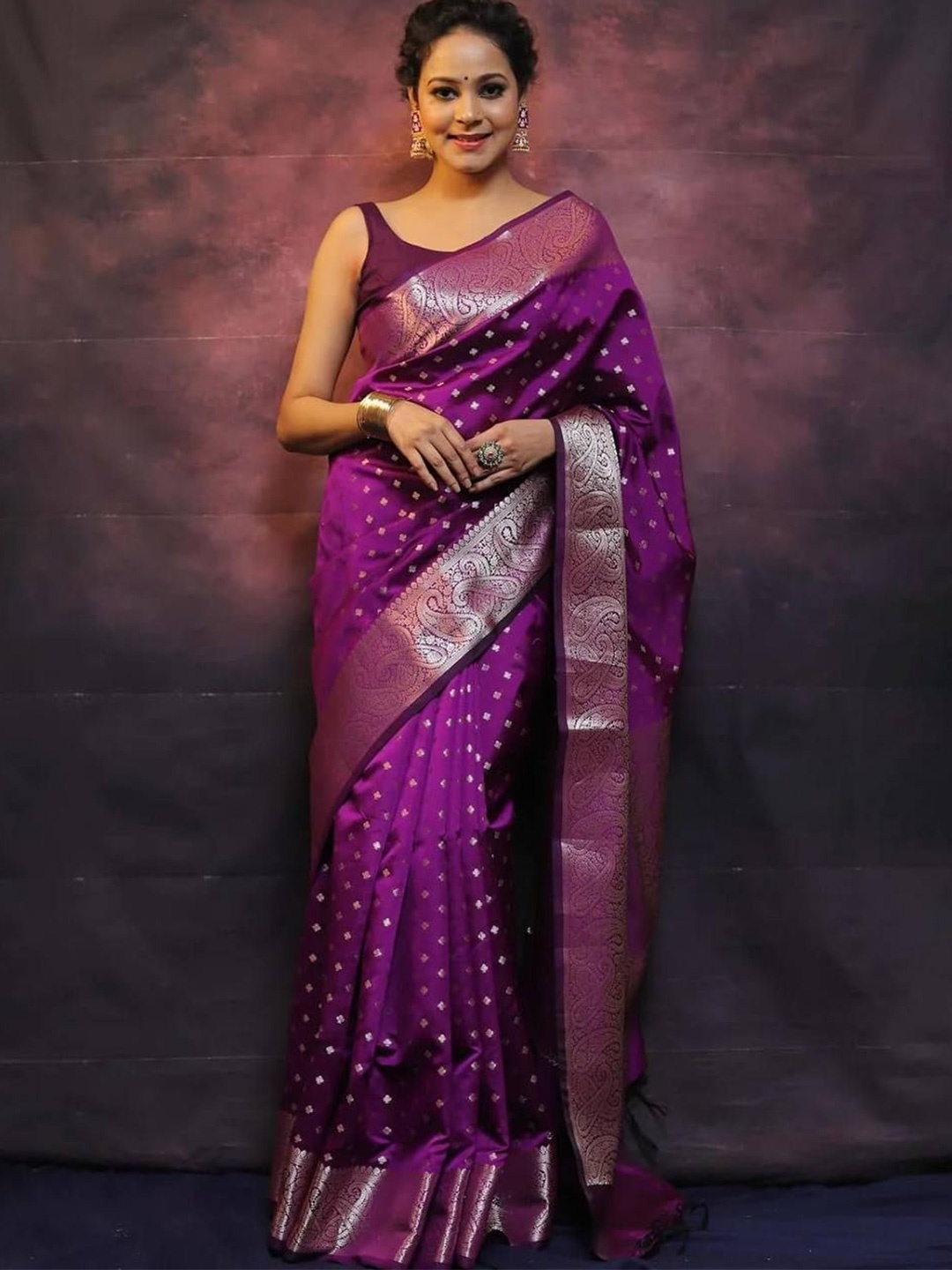

Miss Beelee Ethnic Motifs Woven Design Zari Banarasi Saree, Purple
