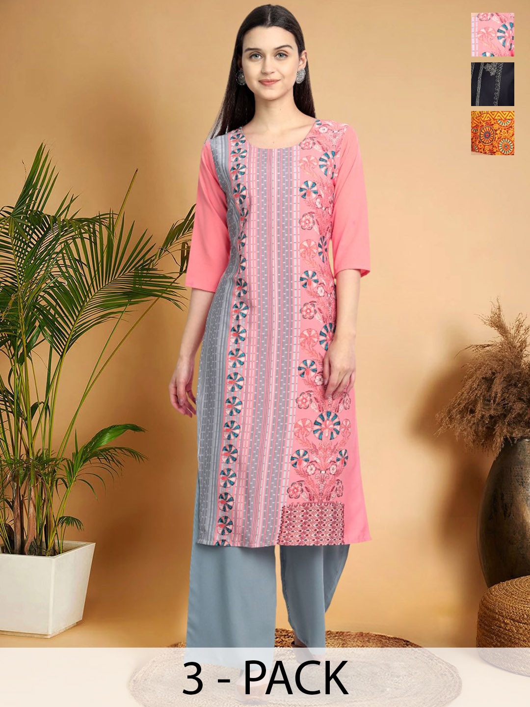 7Threads Selection Of 3 Floral Printed Round Neck Straight Kurtas, Pink