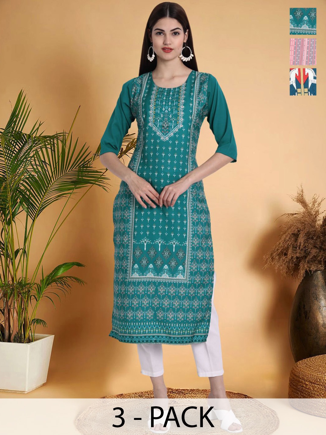 

7Threads Selection Of 3 Ethnic Motifs Printed Round Neck Straight Kurtas, Teal