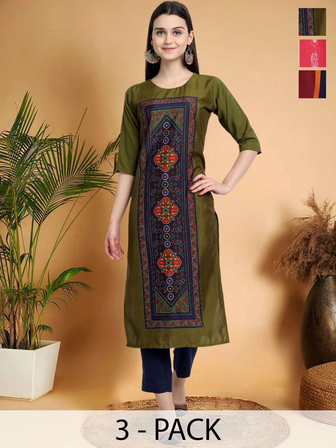 

7Threads Selection Of 3 Ethnic Motifs Printed Round Neck Straight Kurtas, Olive